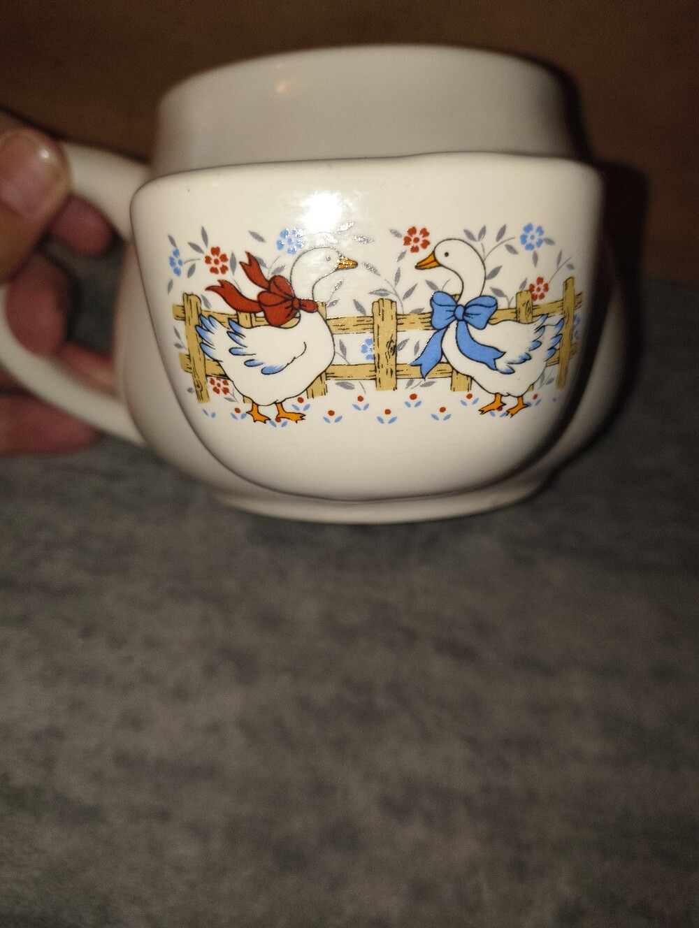 White Ceramic Goose Mug with Red and Blue Accents